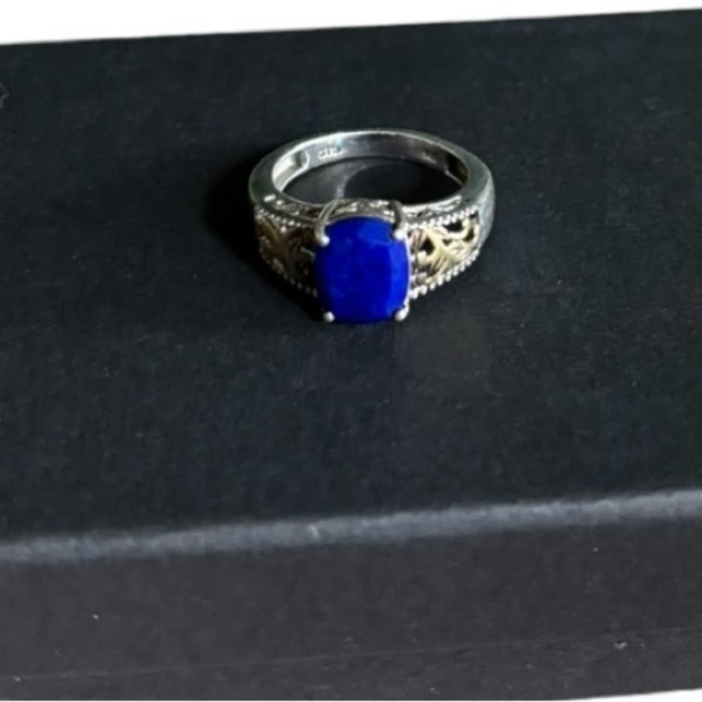 NEW 925 Sterling Silver and Gold Plated Ring with Faceted Blue Stone Size 7